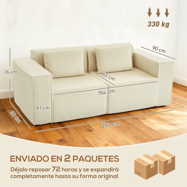 3-sits soffa - Vardagsrumssoffa - 202×90×76 cm - Manchesterklädsel - Tjock stoppning - Extra djup sits - Breda armstöd - 2 kuddar - Beige
