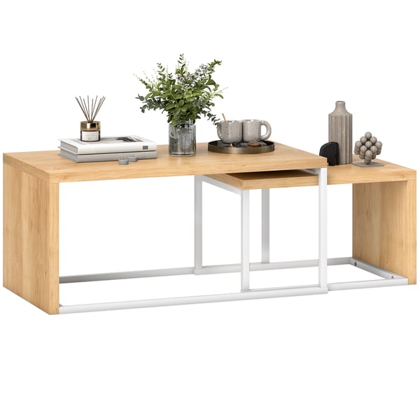 Set med 2 soffbord - Satsbord & sidobord - Metallstativ - För vardagsrum & sovrum - Stor 90×48×42 cm & liten 59×42×36 cm - Natur & vit