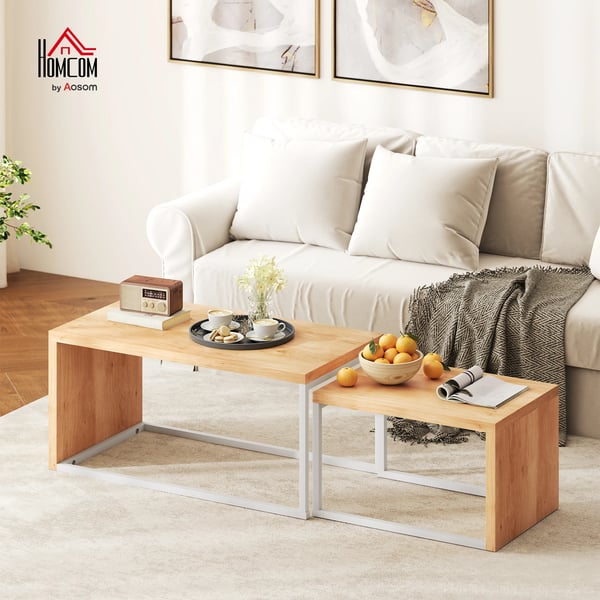 Set med 2 soffbord - Satsbord & sidobord - Metallstativ - För vardagsrum & sovrum - Stor 90×48×42 cm & liten 59×42×36 cm - Natur & vit