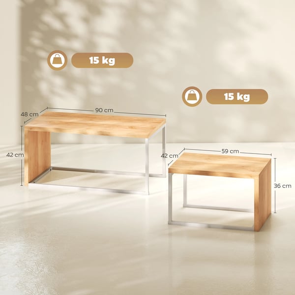 Set med 2 soffbord - Satsbord & sidobord - Metallstativ - För vardagsrum & sovrum - Stor 90×48×42 cm & liten 59×42×36 cm - Natur & vit