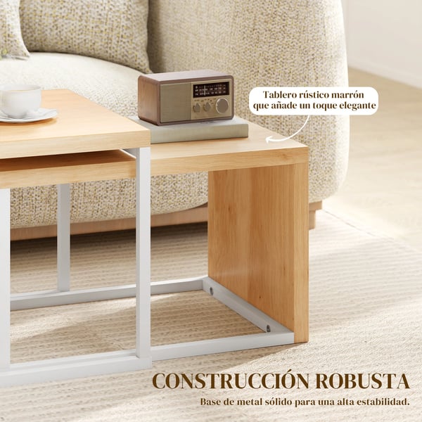 Set med 2 soffbord - Satsbord & sidobord - Metallstativ - För vardagsrum & sovrum - Stor 90×48×42 cm & liten 59×42×36 cm - Natur & vit
