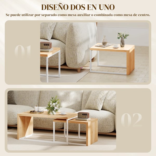 Set med 2 soffbord - Satsbord & sidobord - Metallstativ - För vardagsrum & sovrum - Stor 90×48×42 cm & liten 59×42×36 cm - Natur & vit