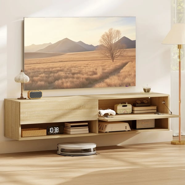 TV-möbel - Vägghängd TV-bänk - 2 fällbara lådor, 2 öppna hyllor, kabelhantering, för TV upp till 152 cm, 140x32x31 cm - Naturligt trä