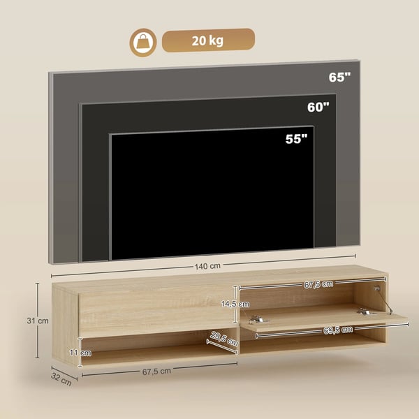 TV-möbel - Vägghängd TV-bänk - 2 fällbara lådor, 2 öppna hyllor, kabelhantering, för TV upp till 152 cm, 140x32x31 cm - Naturligt trä