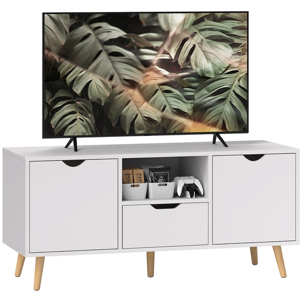 TV-bänk - TV-skåp - Längd 110 cm - För TV upp till 127 cm - Låda, 2 dörrar, öppen hylla - Träben - Vit
