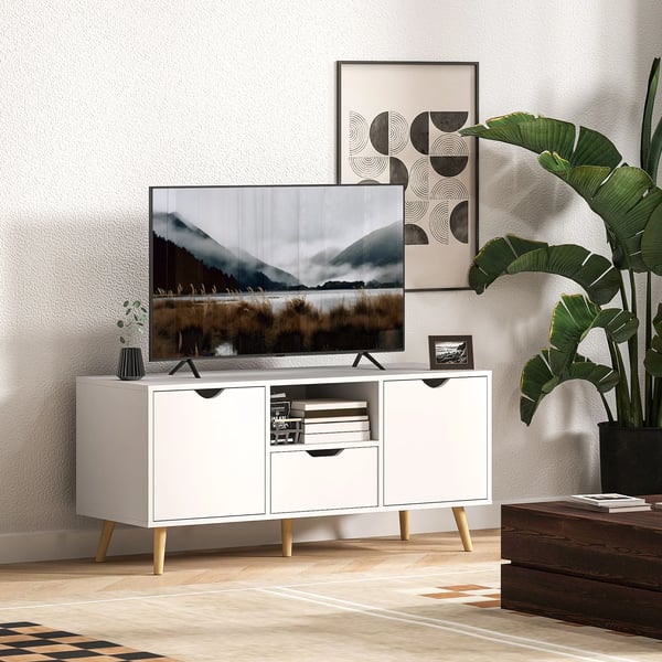 TV-bänk - TV-skåp - Längd 110 cm - För TV upp till 127 cm - Låda, 2 dörrar, öppen hylla - Träben - Vit