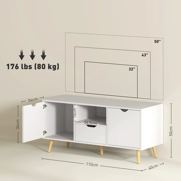 TV-bänk - TV-skåp - Längd 110 cm - För TV upp till 127 cm - Låda, 2 dörrar, öppen hylla - Träben - Vit