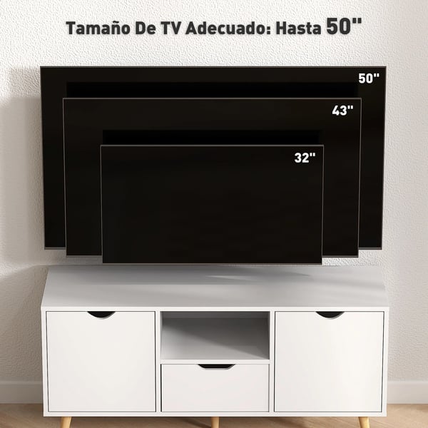 TV-bänk - TV-skåp - Längd 110 cm - För TV upp till 127 cm - Låda, 2 dörrar, öppen hylla - Träben - Vit