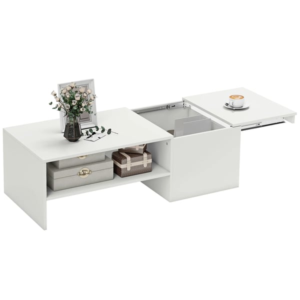 Soffbord - Vardagsrumsbord - Skjutbar bordsskiva - Dolt förvaringsfack - Öppen hylla - 110×52×36 cm - Vit