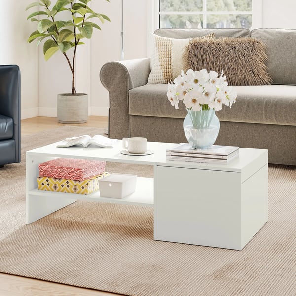 Soffbord - Vardagsrumsbord - Skjutbar bordsskiva - Dolt förvaringsfack - Öppen hylla - 110×52×36 cm - Vit