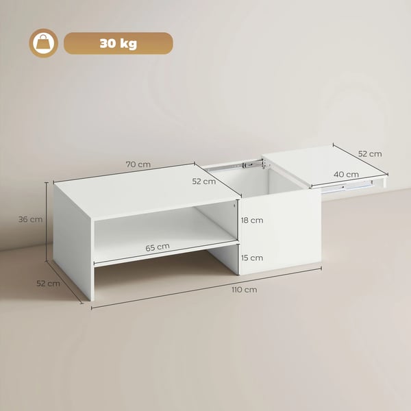 Soffbord - Vardagsrumsbord - Skjutbar bordsskiva - Dolt förvaringsfack - Öppen hylla - 110×52×36 cm - Vit