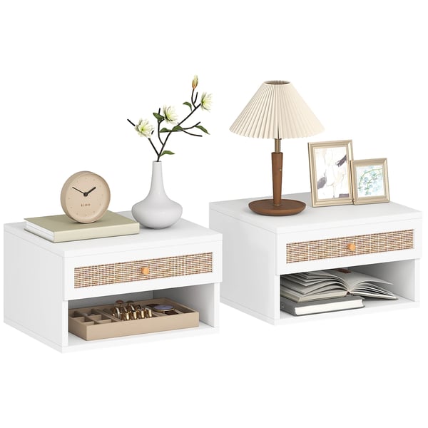 Väggmonterade nattduksbord - Sängbord - Set om 2 - Låda i rotting - Öppen hylla - Modern marockansk stil - 40×34×23 cm - Vit