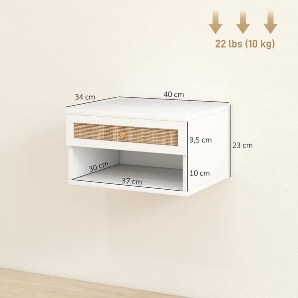 Väggmonterade nattduksbord - Sängbord - Set om 2 - Låda i rotting - Öppen hylla - Modern marockansk stil - 40×34×23 cm - Vit