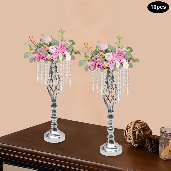 Krystal blomsterstander 10-pak - Bordstativ til blomsterarrangement - 55 cm Høj - Metal - Til Bryllup & Fest - Sølv