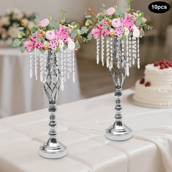 Krystal blomsterstander 10-pak - Bordstativ til blomsterarrangement - 55 cm Høj - Metal - Til Bryllup & Fest - Sølv