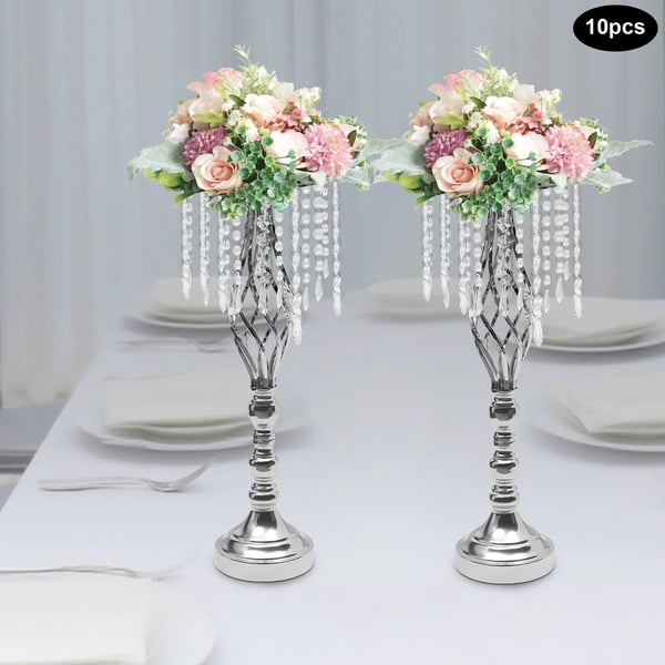 Krystal blomsterstander 10-pak - Bordstativ til blomsterarrangement - 55 cm Høj - Metal - Til Bryllup & Fest - Sølv