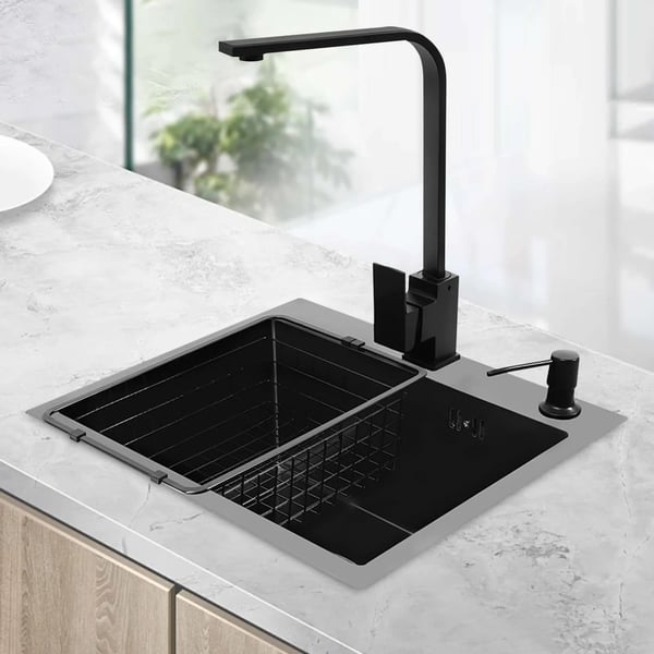 Køkkenvask sæt - 1 kumme - 201 rustfrit stål - 45×40×20 cm - Med armatur - Sæbedispenser 150 ml - Nedfældning/planlimning/underlimning - Sort