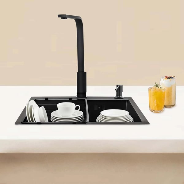 Køkkenvask sæt - 1 kumme - 201 rustfrit stål - 45×40×20 cm - Med armatur - Sæbedispenser 150 ml - Nedfældning/planlimning/underlimning - Sort
