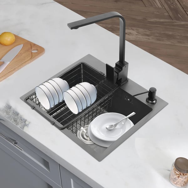 Køkkenvask sæt - 1 kumme - 201 rustfrit stål - 45×40×20 cm - Med armatur - Sæbedispenser 150 ml - Nedfældning/planlimning/underlimning - Sort