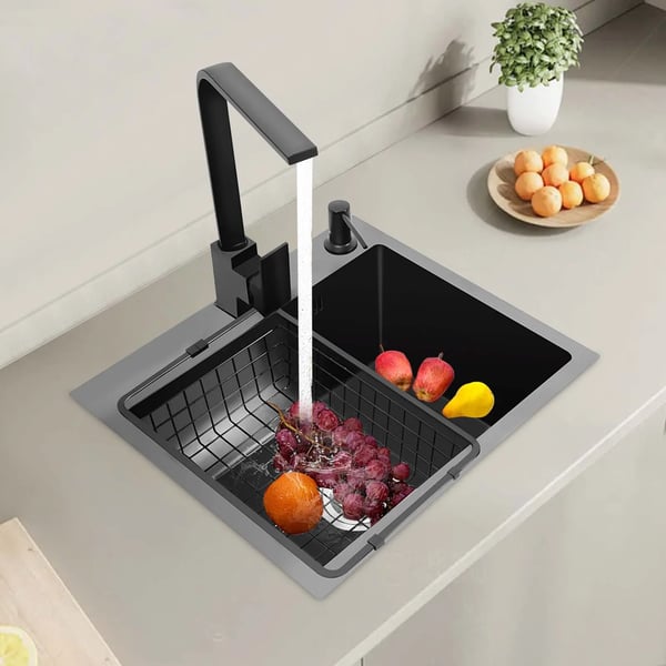 Køkkenvask sæt - 1 kumme - 201 rustfrit stål - 45×40×20 cm - Med armatur - Sæbedispenser 150 ml - Nedfældning/planlimning/underlimning - Sort
