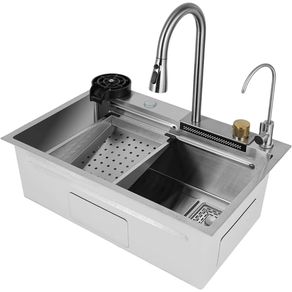 Køkkenvask - Indbygningsvask - Dobbelt Kumme - 75 x 35 x 21 cm - Rustfrit Stål 316 - Med Armatur - 1 Hul - Rektangulær - Sølv