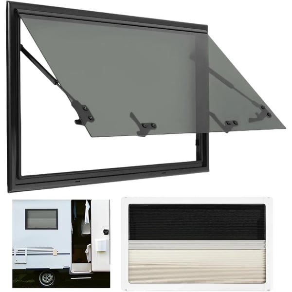 Hængslet vindue til campingvogn/autocamper - Camper-vindue - Mål 80 x 50 cm - E4 godkendt - Åbning 85° - Insektnet & rullegardin - Sort
