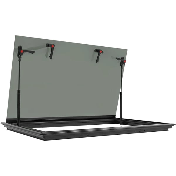 Hængslet vindue til campingvogn/autocamper - Camper-vindue - Mål 80 x 50 cm - E4 godkendt - Åbning 85° - Insektnet & rullegardin - Sort