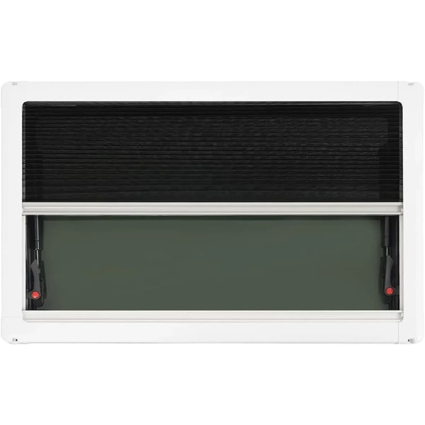 Hængslet vindue til campingvogn/autocamper - Camper-vindue - Mål 80 x 50 cm - E4 godkendt - Åbning 85° - Insektnet & rullegardin - Sort