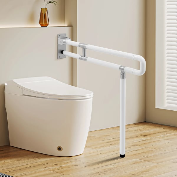 Støttegreb til badeværelse - U-formet vægmonteret foldbart greb - Til toilet - Med bundbeslag - Belastning 300 kg - Nylon & rustfrit stål - Hvid