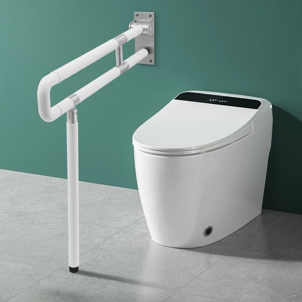 Støttegreb til badeværelse - U-formet vægmonteret foldbart greb - Til toilet - Med bundbeslag - Belastning 300 kg - Nylon & rustfrit stål - Hvid