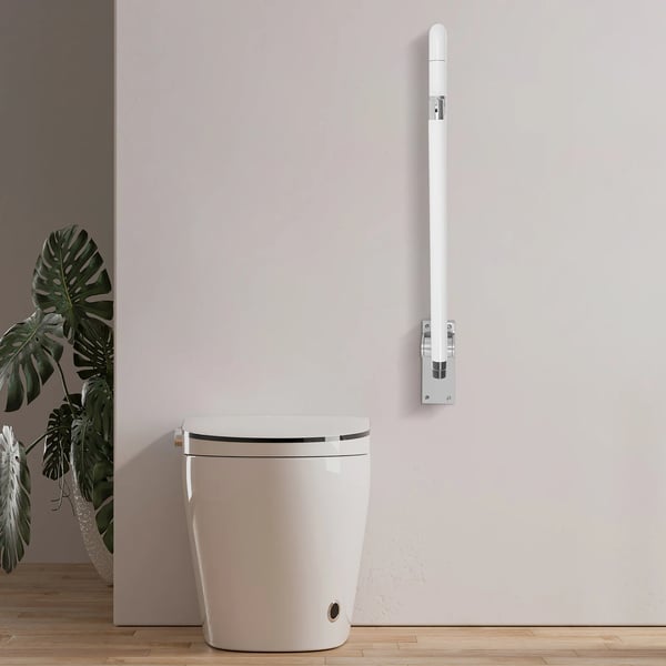 Støttegreb til badeværelse - U-formet vægmonteret foldbart greb - Til toilet - Med bundbeslag - Belastning 300 kg - Nylon & rustfrit stål - Hvid