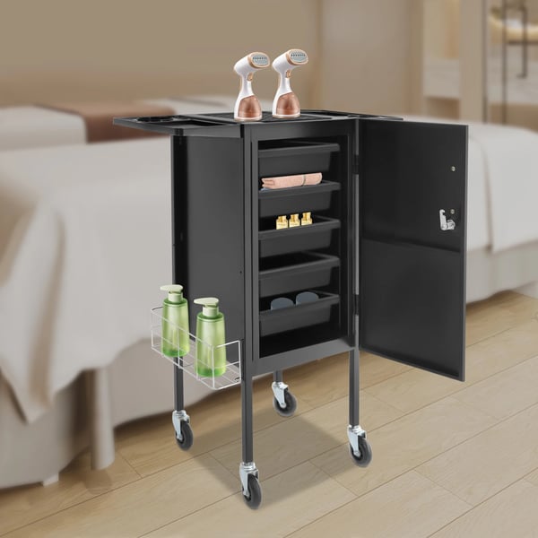 Metal salon opbevaringsvogn - Salonvogn - 5 Skuffer - Universalhjul - Rullende - Til Frisør/Spa/Klinik - Sort