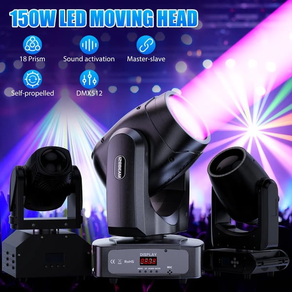 LED Beam Moving Head - 150W Scene & DJ‑lys - DMX 11/13 Kanaler - Spænding 90–240V - EU‑stik - Auto/Lyd/Master‑Slave - Varmt Lys