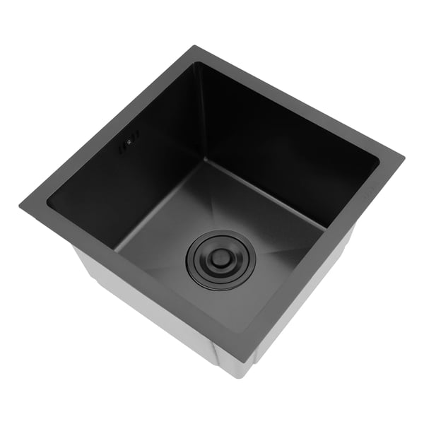 Køkkenvask i 304 rustfrit stål - Enkel kumme - 38 x 38 cm - Uden armatur - 1 hul - Sort
