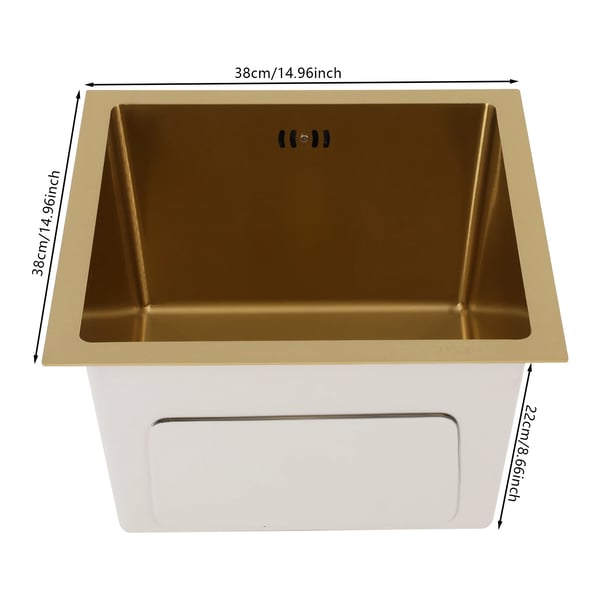 Køkkenvask - Enkel Kumme - Mål 38x38 cm - 304 Rustfrit Stål - 1 Hul - Uden Armatur - Til Køkken/Bar - Guld