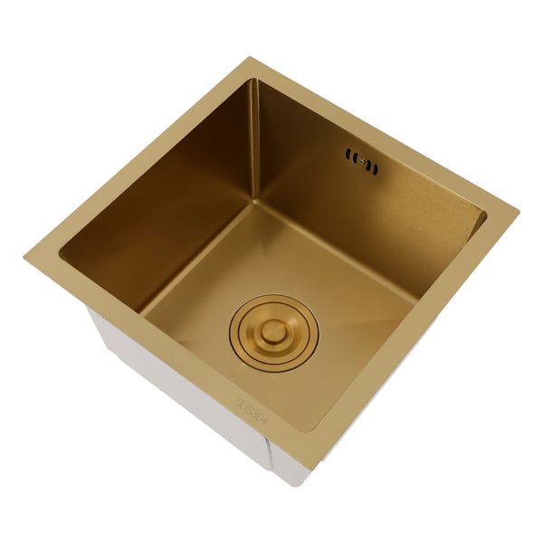 Køkkenvask - Enkel Kumme - Mål 38x38 cm - 304 Rustfrit Stål - 1 Hul - Uden Armatur - Til Køkken/Bar - Guld