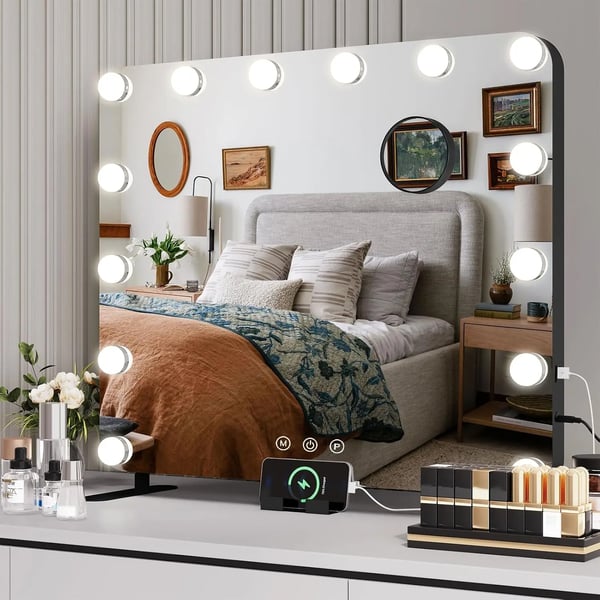 Makeupspejl - Bordmodel - 14 dæmpbare LED-pærer - USB - Rektangulær - Sort ramme - 20 cm