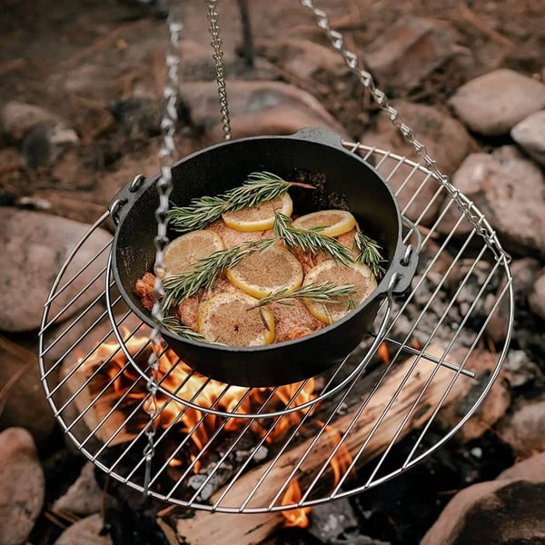 BBQ Varrasgrilli Hiiligrilli - Ripustettava pyörivä grilli - Ruostumaton teräs - Tulimalja/tulikori - Helppo puhdistaa - Ylipainesuoja