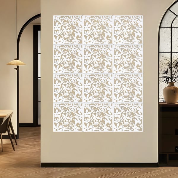 Rumdeler hængende paneler - Skærm/partition - 12 stk 40x40 cm - Udskåret hulmønster blomst/fugl - PP-plast - Hvid