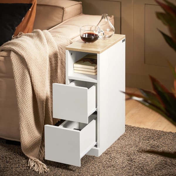 Natbord - FBT149-WN - 2 skuffer + åben hylde - Smal 20 cm bred - 20x35x60 cm - MDF - Samles selv - Hvid