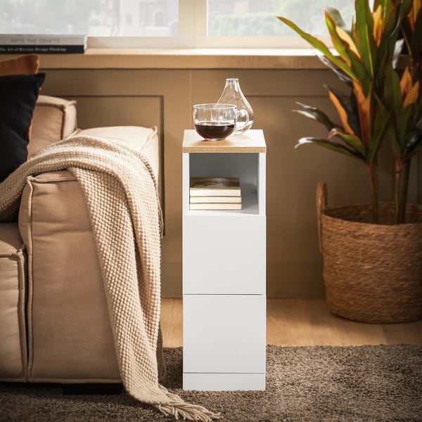 Natbord - FBT149-WN - 2 skuffer + åben hylde - Smal 20 cm bred - 20x35x60 cm - MDF - Samles selv - Hvid