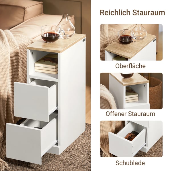 Natbord - FBT149-WN - 2 skuffer + åben hylde - Smal 20 cm bred - 20x35x60 cm - MDF - Samles selv - Hvid