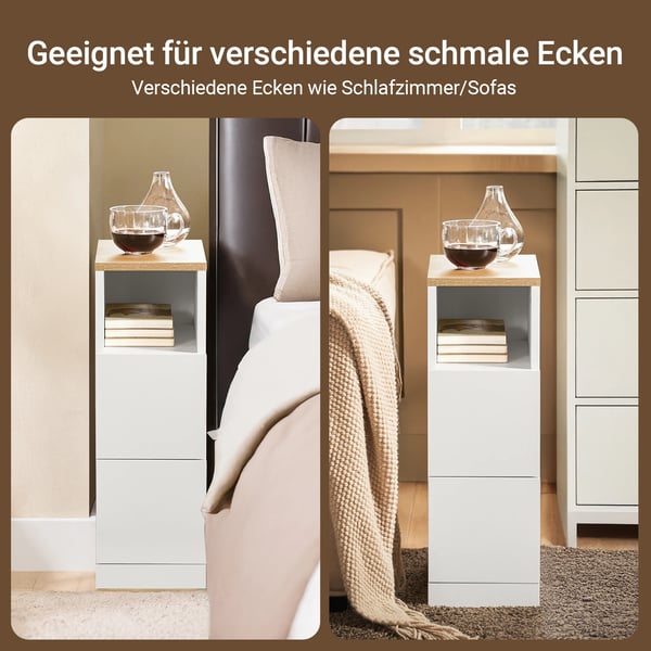 Natbord - FBT149-WN - 2 skuffer + åben hylde - Smal 20 cm bred - 20x35x60 cm - MDF - Samles selv - Hvid
