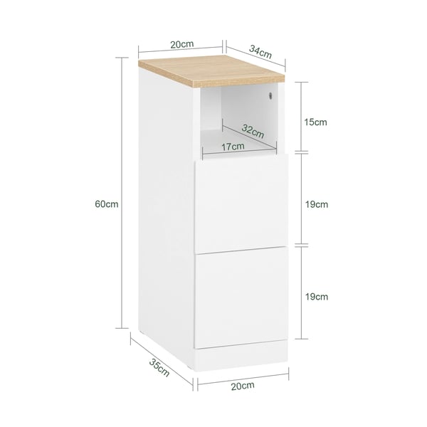Natbord - FBT149-WN - 2 skuffer + åben hylde - Smal 20 cm bred - 20x35x60 cm - MDF - Samles selv - Hvid