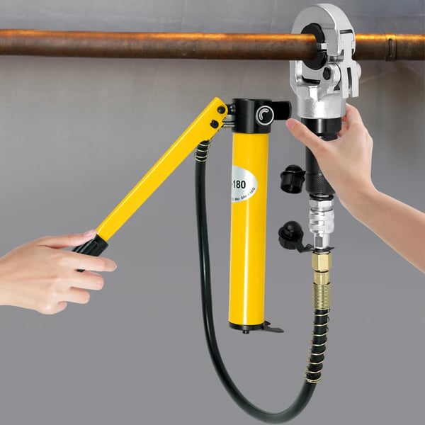 Hydraulisk presværktøj - V- & TH-pres - V-bakker 12–28 mm - TH-bakker 16–32 mm - 360° roterende hoved - Til kobberrør og kabelsko - Gul