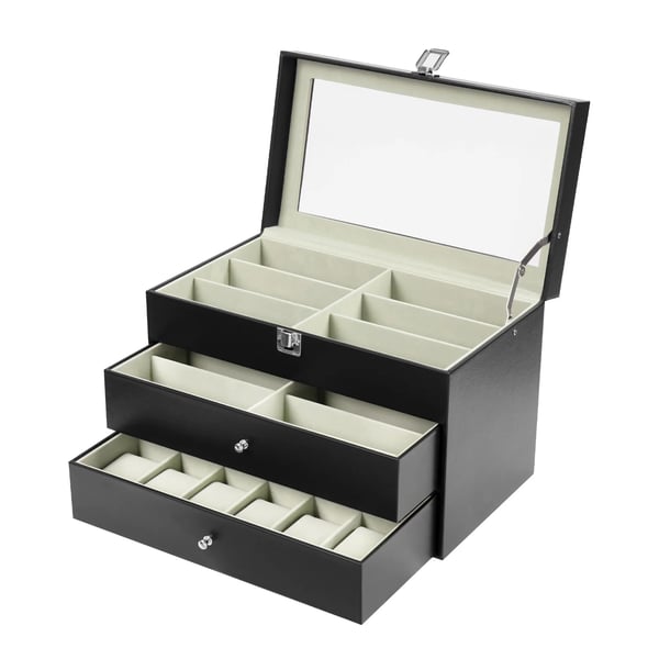Klock- och glasögonförvaring - 3-vånings förvaringslåda - 24 fack (12 klockor + 12 glasögon) - Glaslock - Rektangulär - 33,5×19,3×22,5 cm - Svart