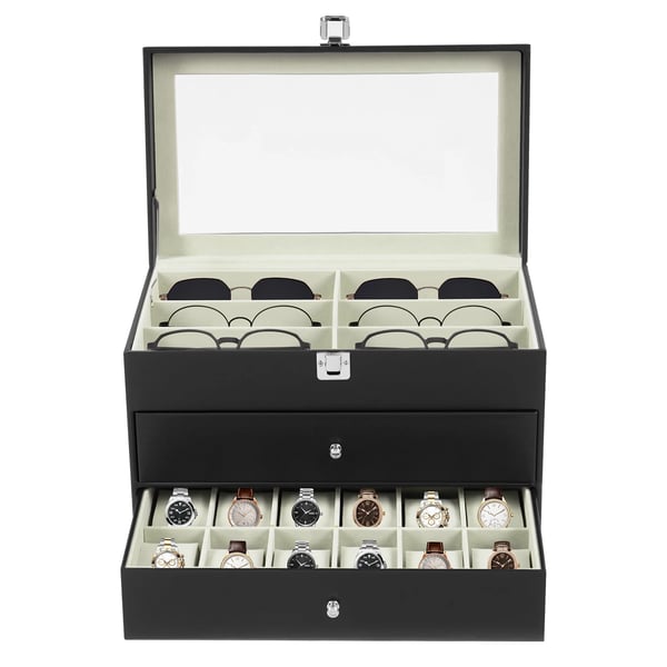 Ur- og brilleopbevaring - 3-lags opbevaringsboks - 24 rum (12 ure + 12 briller) - Glaslåg - Rektangulær - 33,5×19,3×22,5 cm - Sort