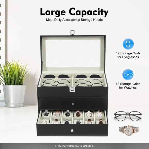 Ur- og brilleopbevaring - 3-lags opbevaringsboks - 24 rum (12 ure + 12 briller) - Glaslåg - Rektangulær - 33,5×19,3×22,5 cm - Sort