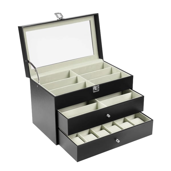 Ur- og brilleopbevaring - 3-lags opbevaringsboks - 24 rum (12 ure + 12 briller) - Glaslåg - Rektangulær - 33,5×19,3×22,5 cm - Sort