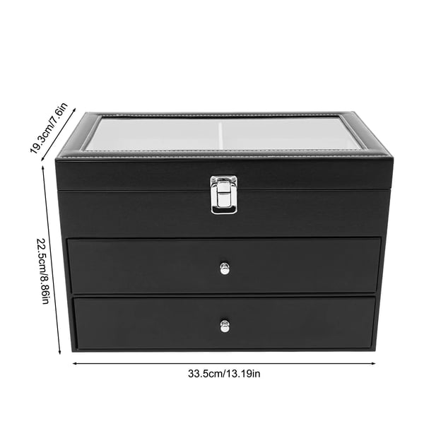 Ur- og brilleopbevaring - 3-lags opbevaringsboks - 24 rum (12 ure + 12 briller) - Glaslåg - Rektangulær - 33,5×19,3×22,5 cm - Sort